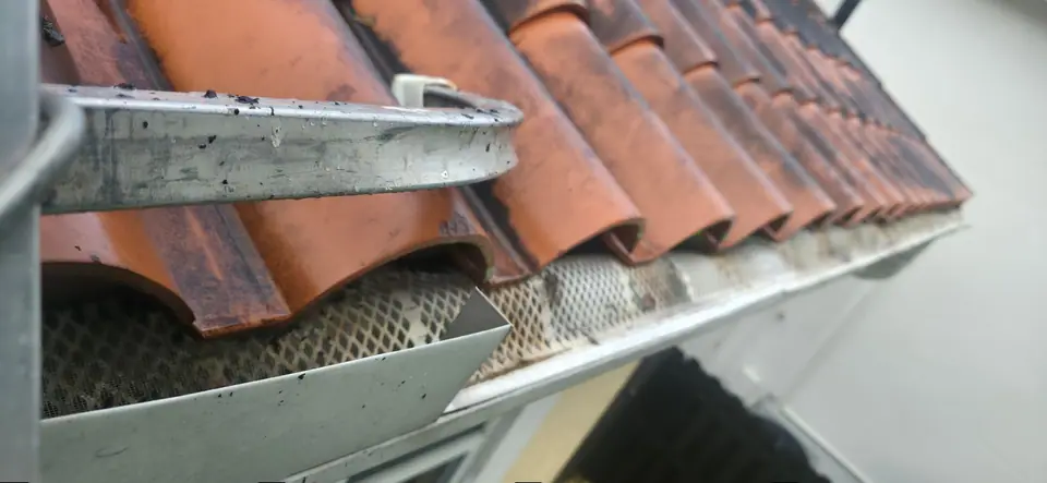 A gutter guard set under the edge of a red barrel tile roof