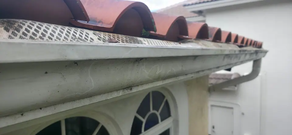 A white gutter along a red barrel tile roof edge above arched windows