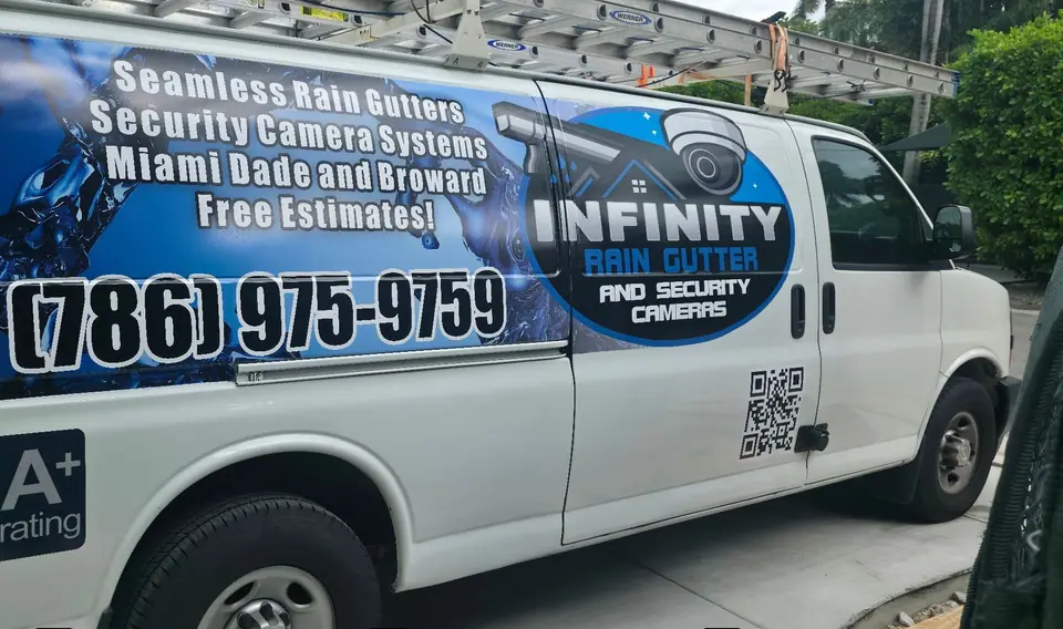 The Infinity Rain Gutter and Security Cameras van, lettered for Miami-Dade and Broward